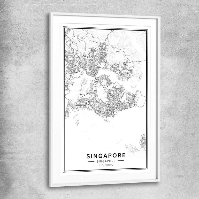 Singapore City white glass front frame is a high quality print in our city skyline, travel prints and maps collection