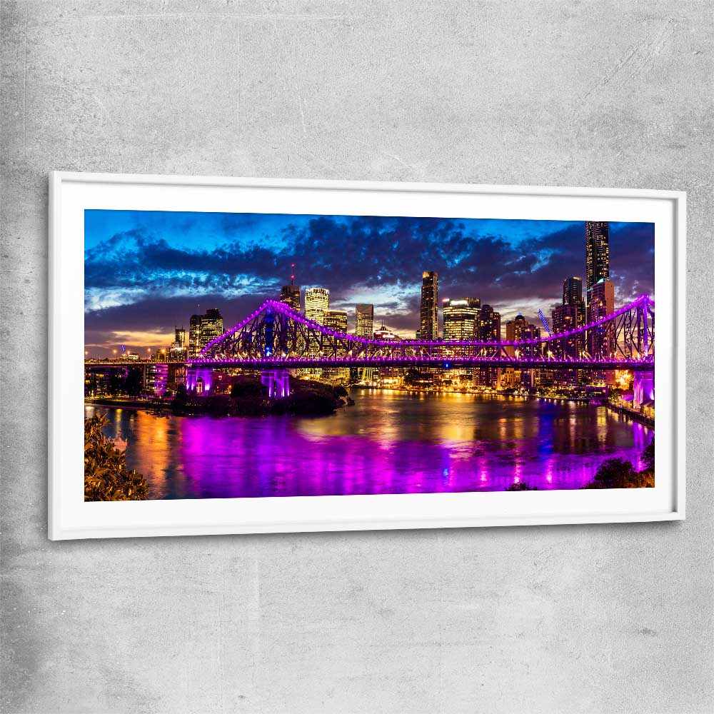 Story Bridge Glow white glass front frame is a high quality print in our city skyline, travel prints and maps collection