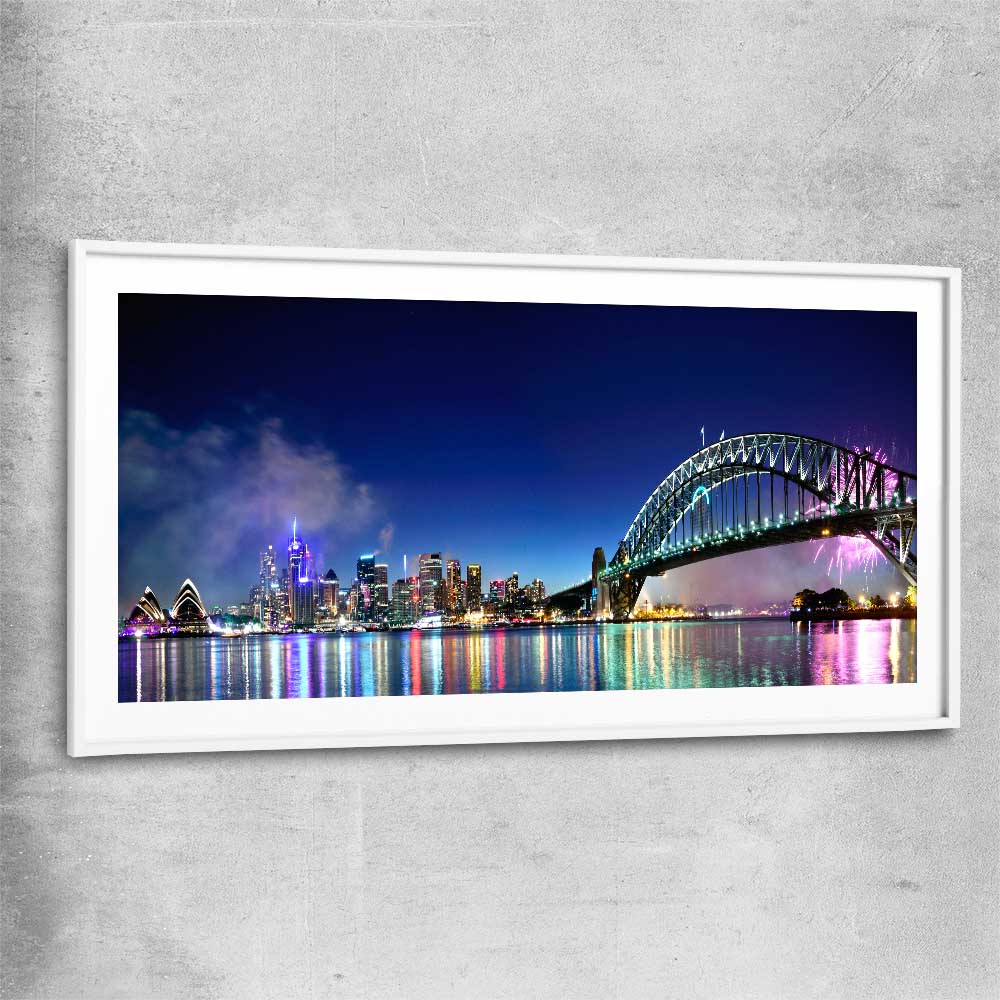 Sydney Harbour Lights white glass front frame is a high quality print in our city skyline, travel prints and maps collection