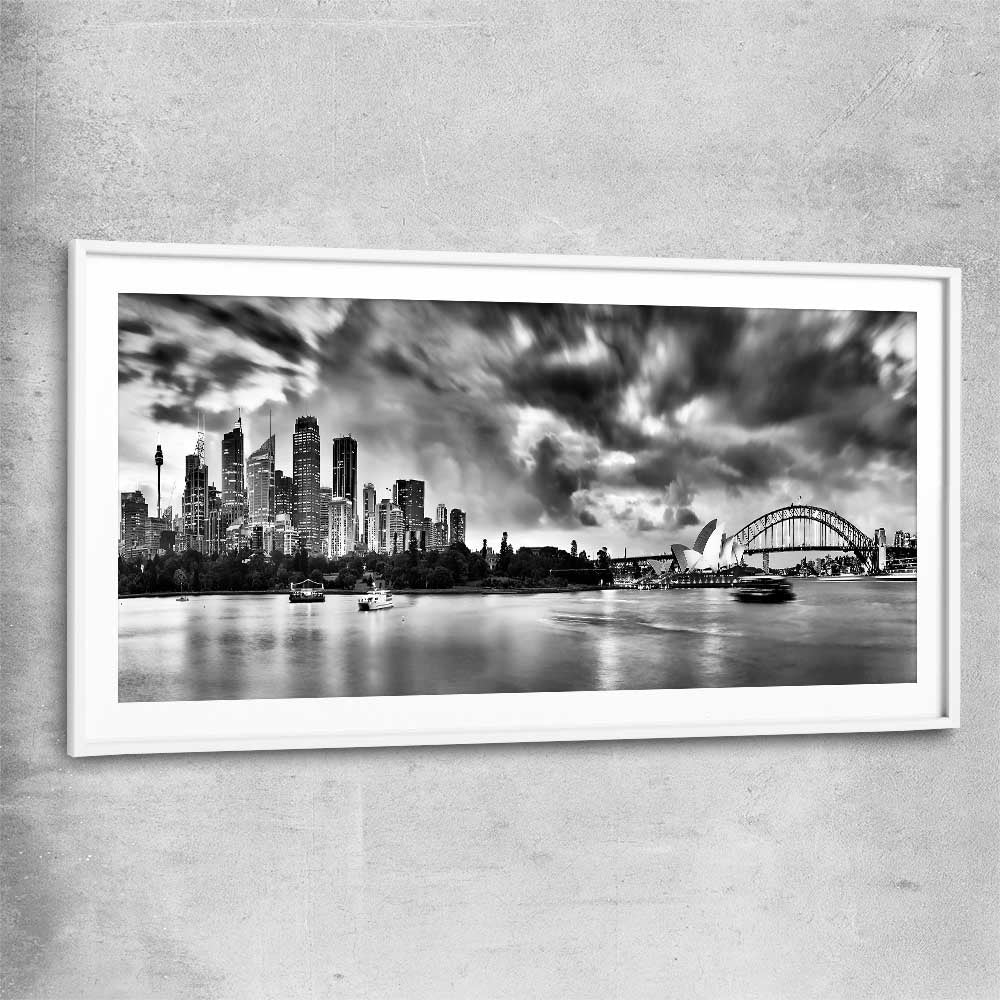 Sydney Skyline Noir white glass front frame is a high quality print in our city skyline, travel prints and maps collection