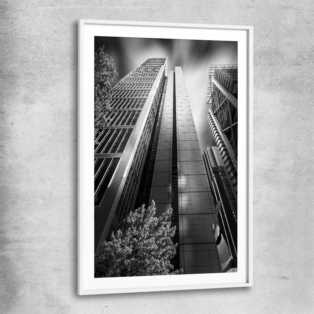 Sydney Skyscrapers white glass front frame is a high quality print in our city skyline, travel prints and maps collection