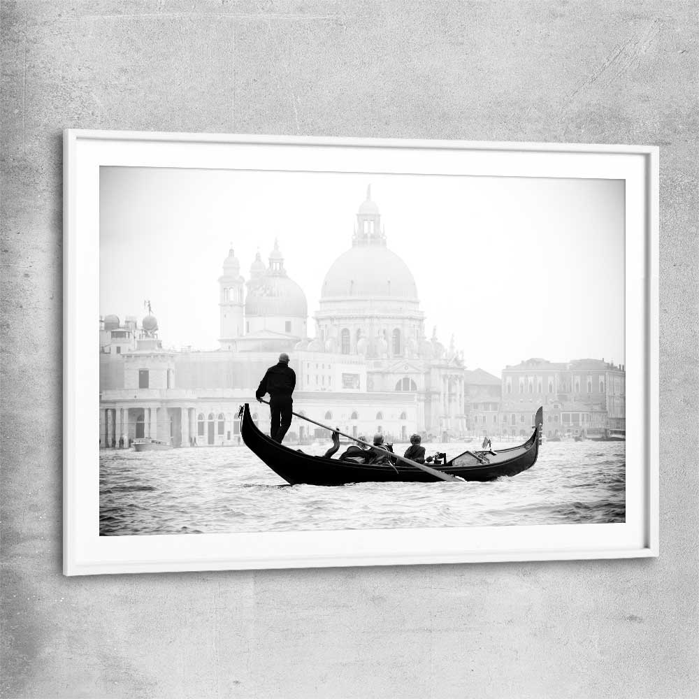 Venice Gondola Ride white glass front frame is a high quality print in our city skyline, travel prints and maps collection