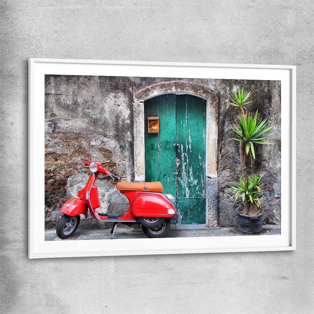 Vintage Red Scooter white glass front frame is a high quality print in our city skyline, travel prints and maps collection