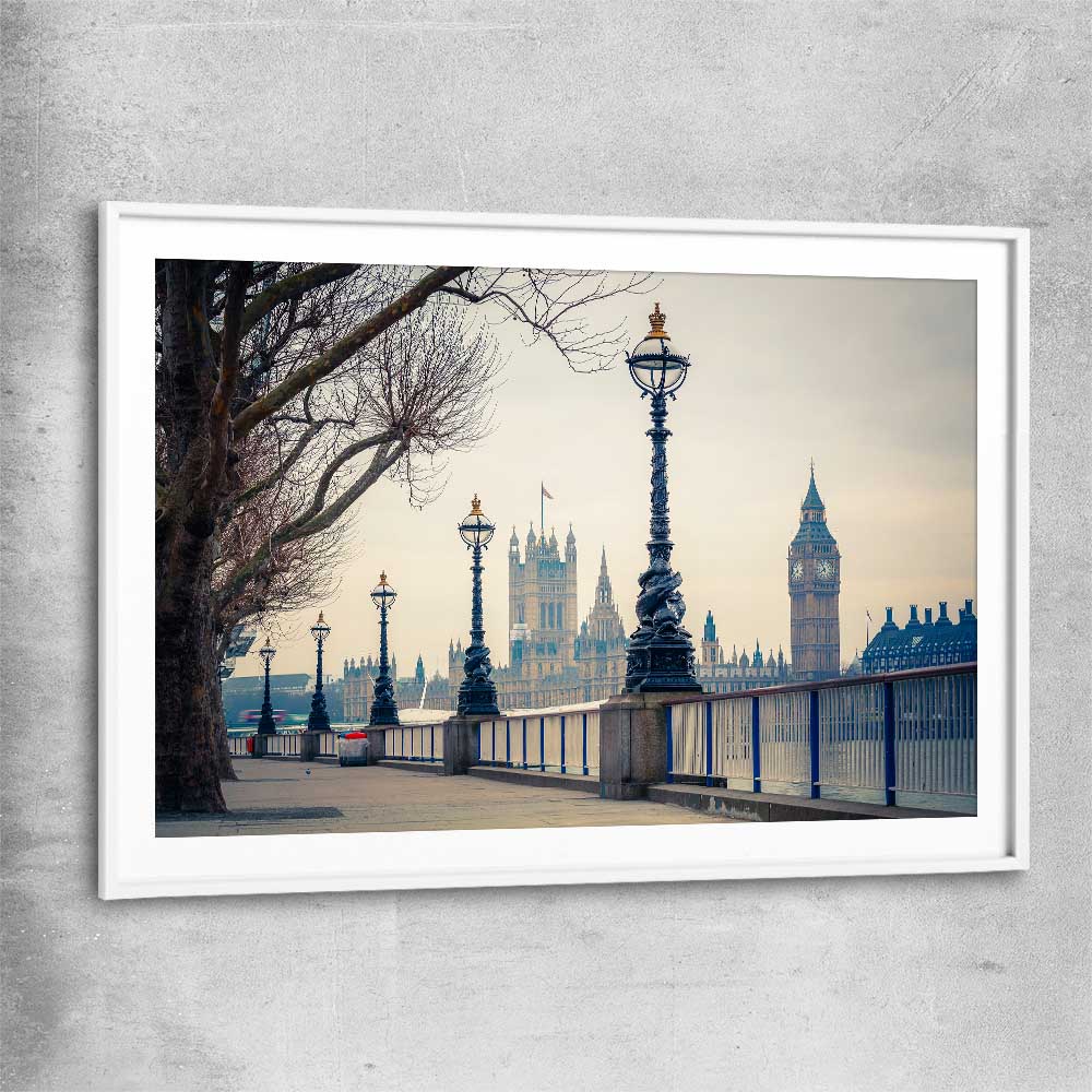 Westminster View white glass front frame is a high quality print in our city skyline, travel prints and maps collection