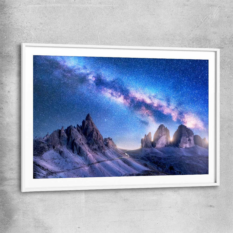 Space prints and wall art of Bright Milky Way with white glass front frame