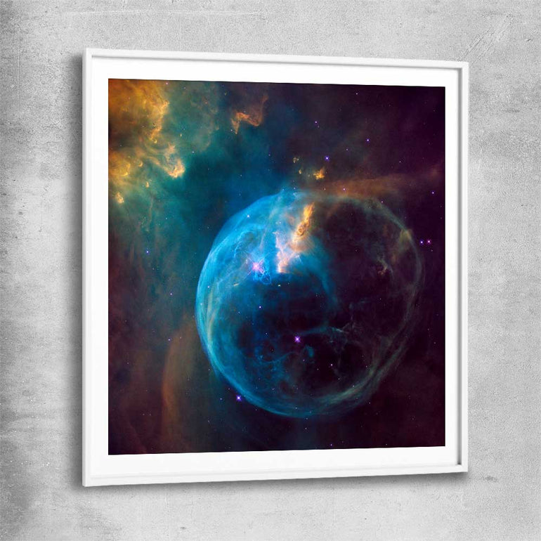 Space prints and wall art of Bubble Nebula with white glass front frame