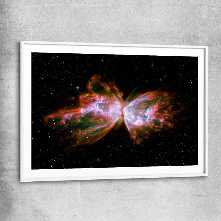 Space prints and wall art of Butterfly Nebula with white glass front frame