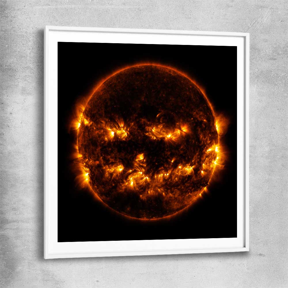 Space prints and wall art of Halloween Sun with white glass front frame