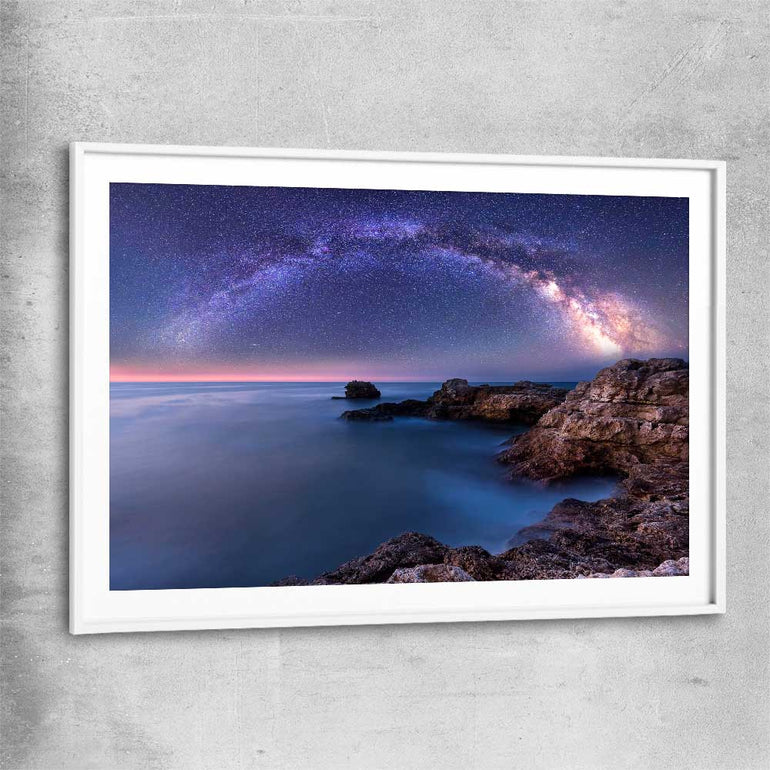 Space prints and wall art of Night Milky Way with white glass front frame
