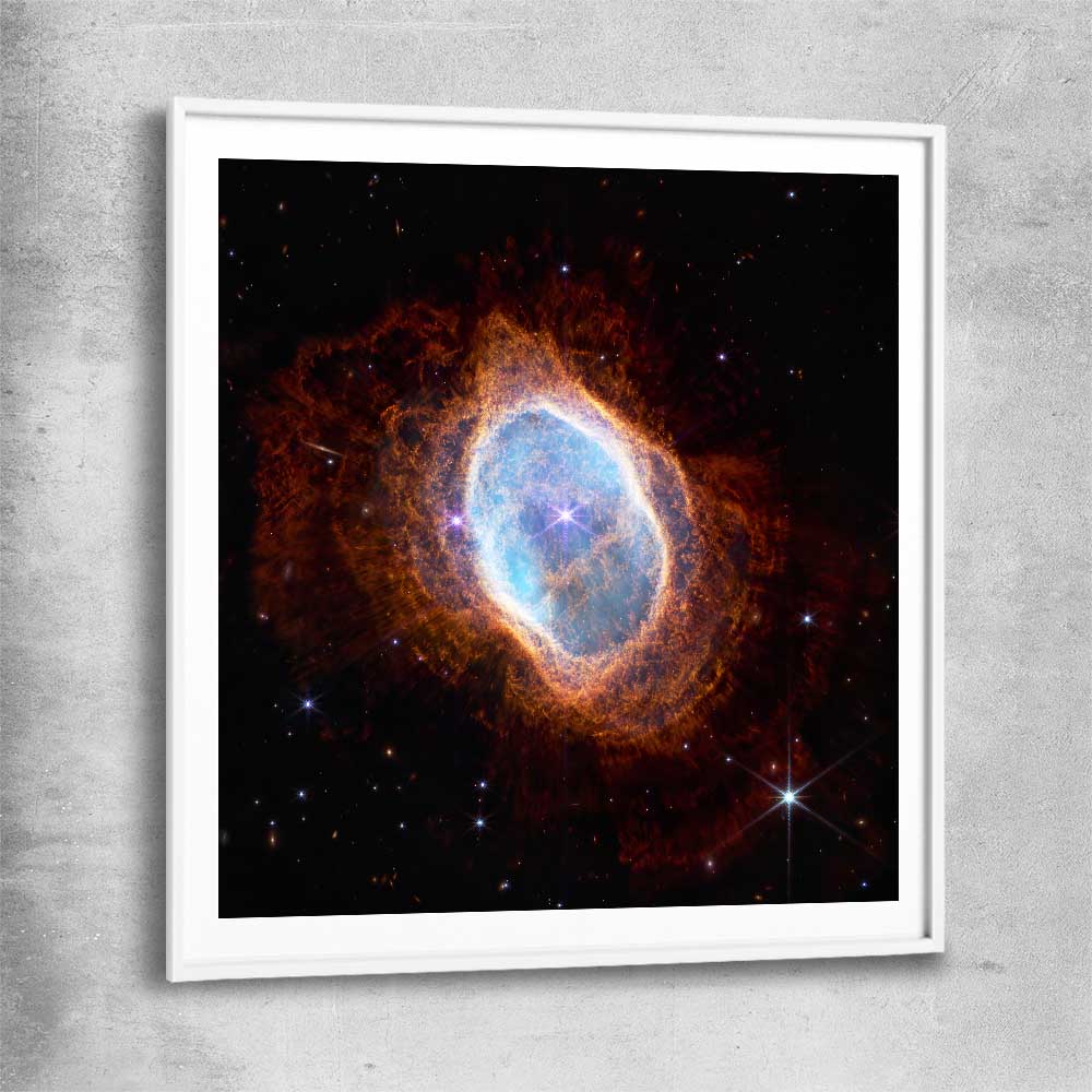 Space prints and wall art of Southern Ring Nebula with white glass front frame