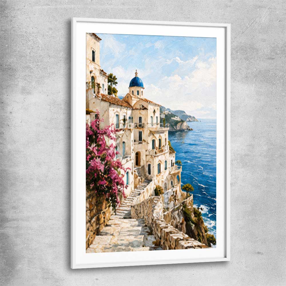 Amalfi Morning white glass front frame is a high quality print in our city skyline, travel prints and maps collection