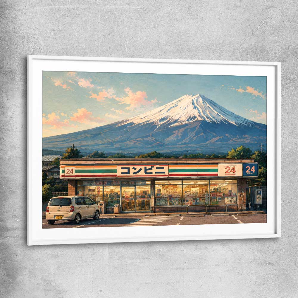 Fuji Konbini Nights white glass front frame is a high quality print in our city skyline, travel prints and maps collection