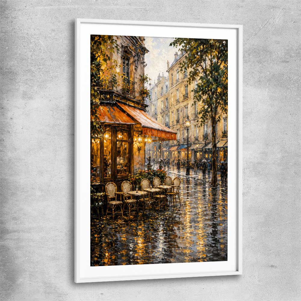 Rainy Paris Cafe white glass front frame is a high quality print in our city skyline, travel prints and maps collection