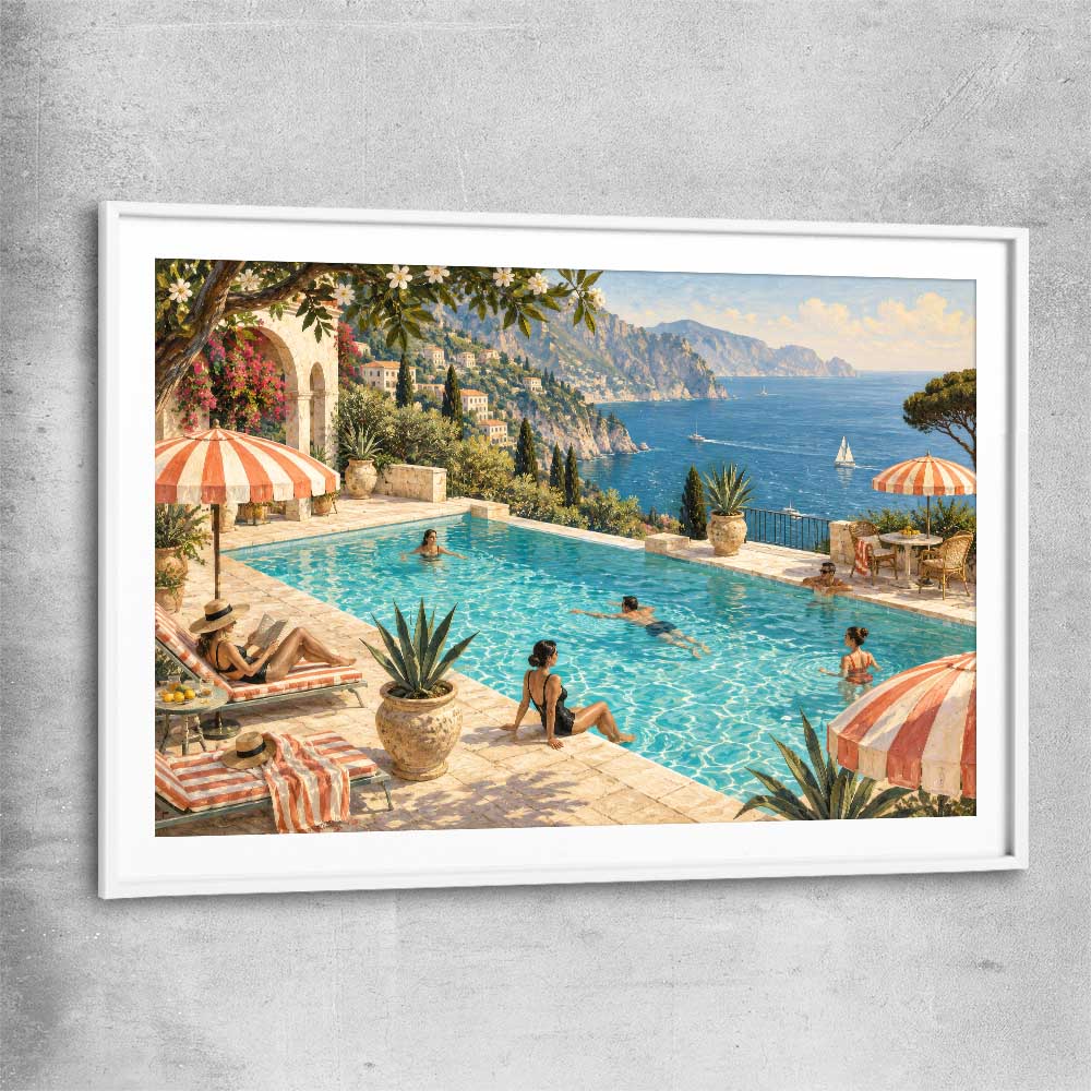 Riviera Poolside white glass front frame is a high quality print in our city skyline, travel prints and maps collection