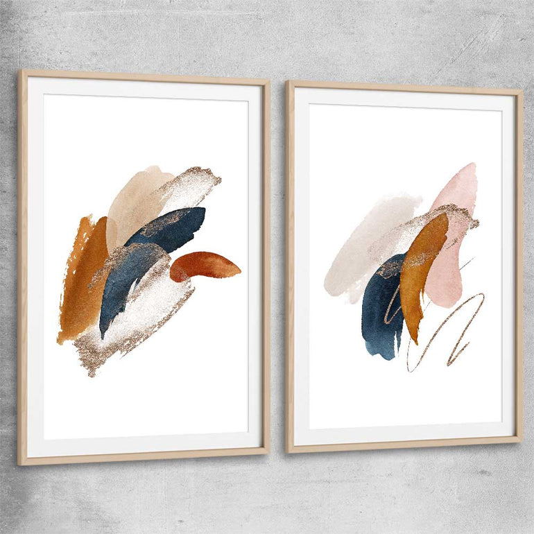 Abstract Strokes Pair raw oak glass front frame - part of our high quality canvas abstract wall art collection