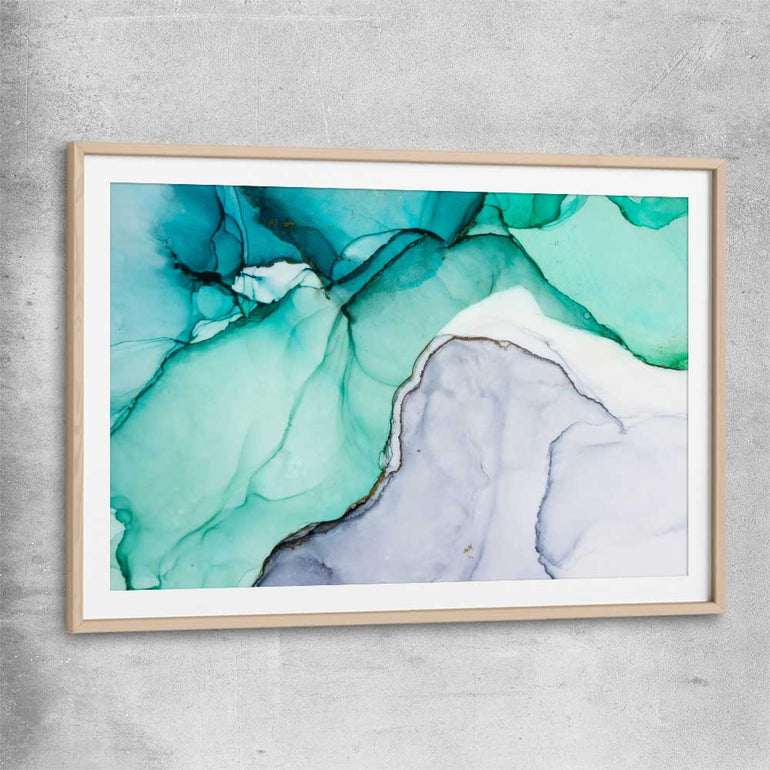 Aqua Blue raw oak glass front frame - part of our high quality canvas abstract wall art collection