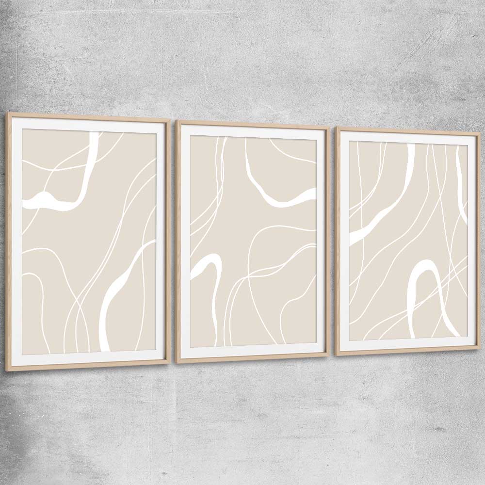 Beige Lines Set raw oak glass front frame - part of our high quality canvas abstract wall art collection