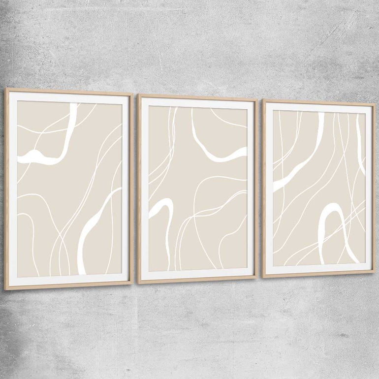 Beige Lines Set raw oak glass front frame - part of our high quality canvas abstract wall art collection