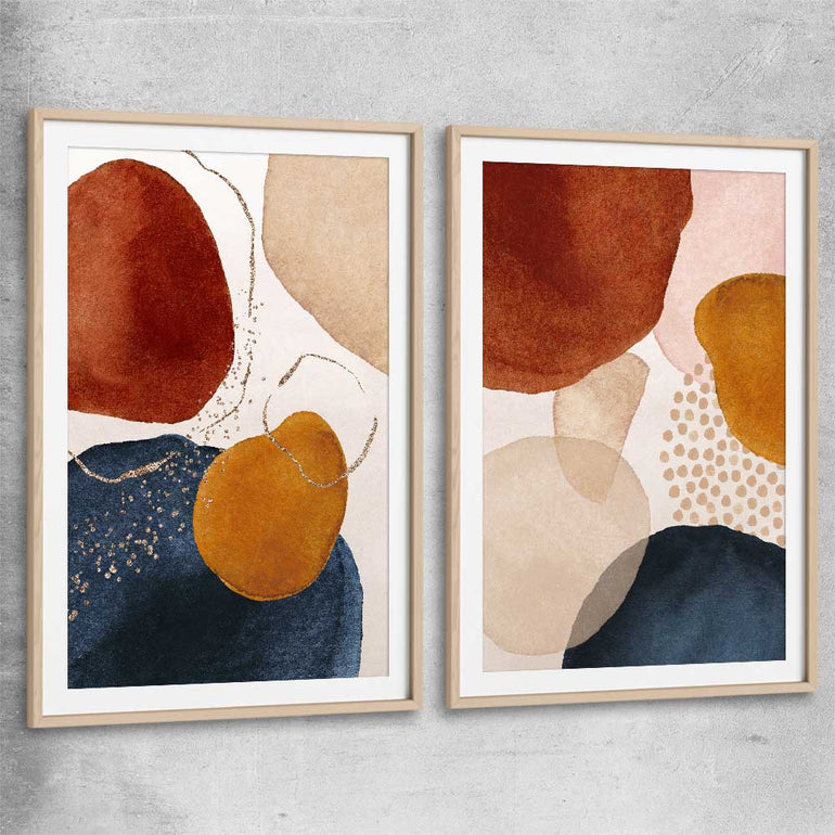 Beige Navy Pair raw oak glass front frame - part of our high quality canvas abstract wall art collection