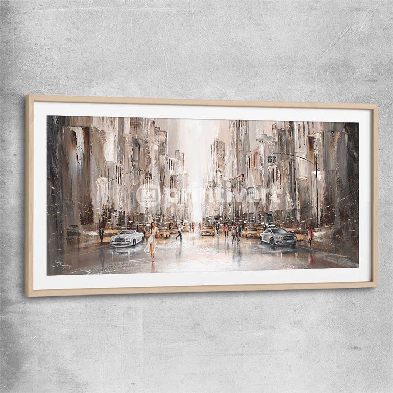 City Life, New York raw oak glass front frame - part of our high quality canvas abstract wall art collection