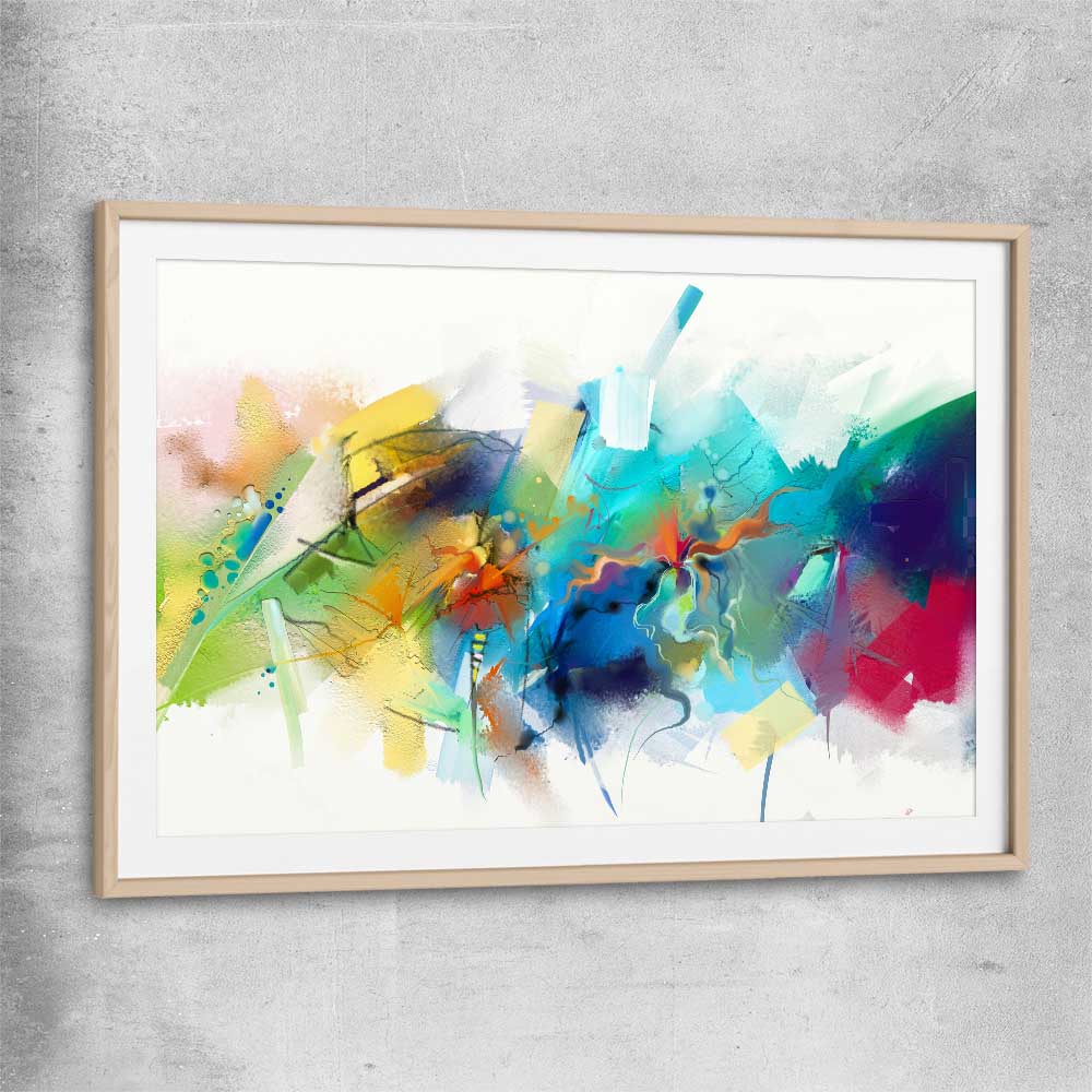 Colourful Abstract Burst raw oak glass front frame - part of our high quality canvas abstract wall art collection