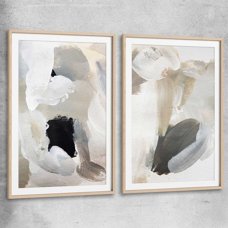 Cosy Neutral Pair raw oak glass front frame - part of our high quality canvas abstract wall art collection