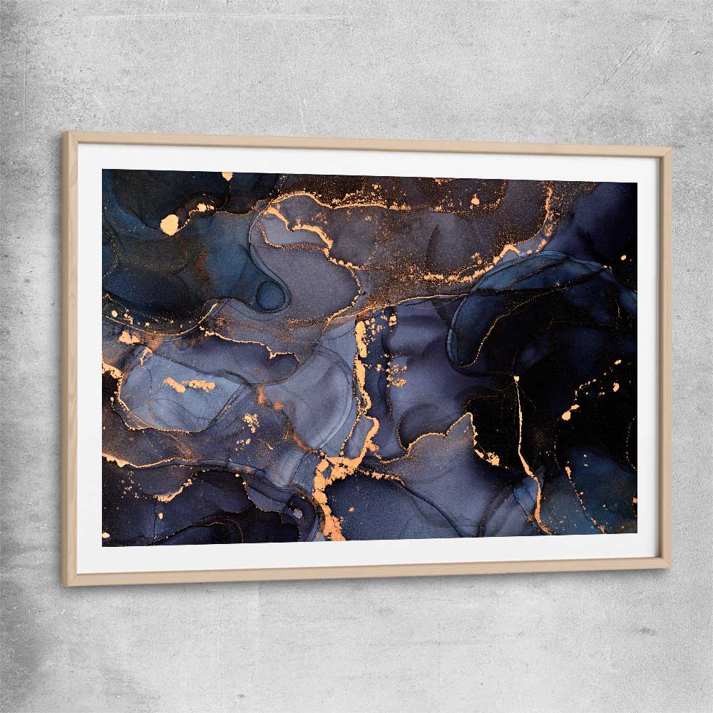 Deep Blue Veins raw oak glass front frame - part of our high quality canvas abstract wall art collection