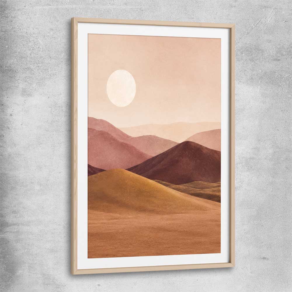 Desert Moonrise raw oak glass front frame - part of our high quality canvas abstract wall art collection