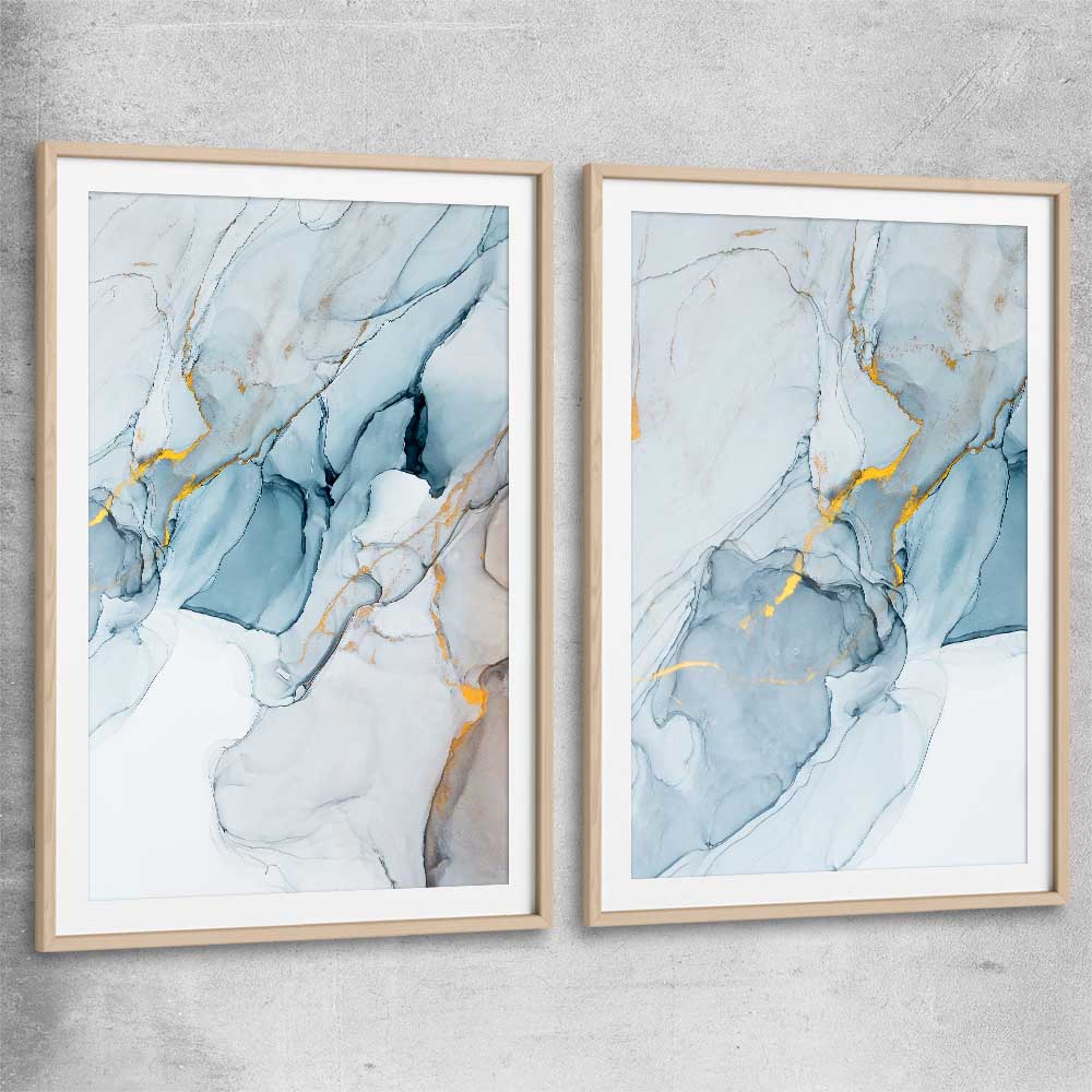 Golden Veins Pair raw oak glass front frame - part of our high quality canvas abstract wall art collection