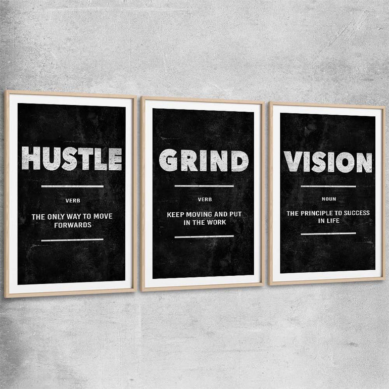 Inspirational wall art print of Hustle Definition Set with raw oak glass front frame