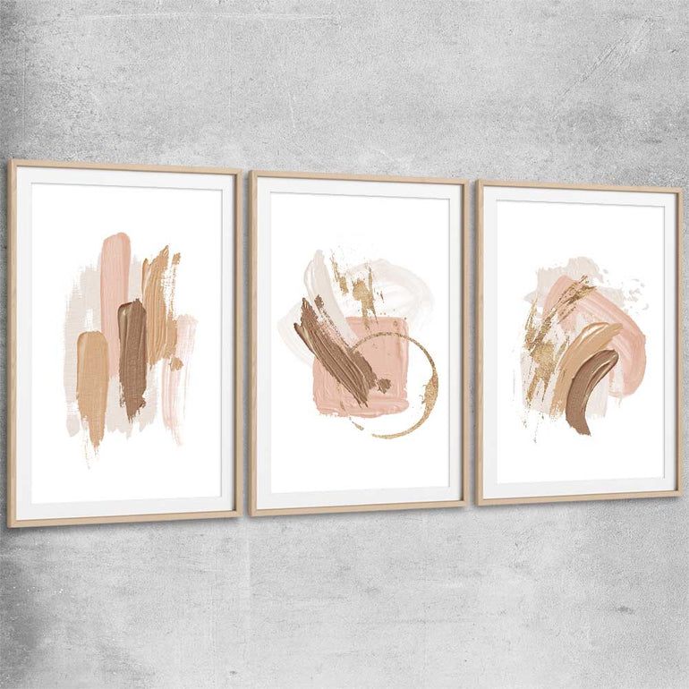 Neutral Strokes Set raw oak glass front frame - part of our high quality canvas abstract wall art collection