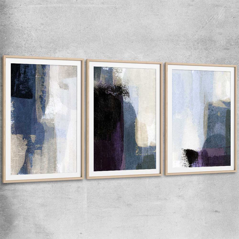 Soft Blue Set raw oak glass front frame - part of our high quality canvas abstract wall art collection