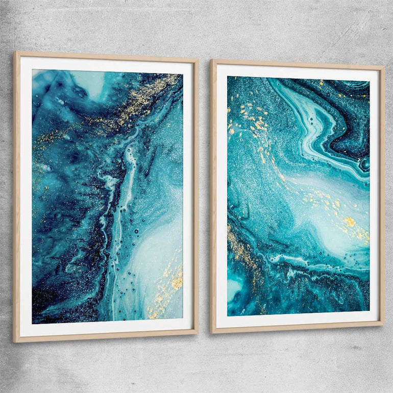 Turquoise Ocean Pair raw oak glass front frame - part of our high quality canvas abstract wall art collection
