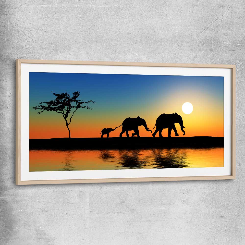 Animal wall art and canvas prints of Elephant Family with raw oak glass front frame
