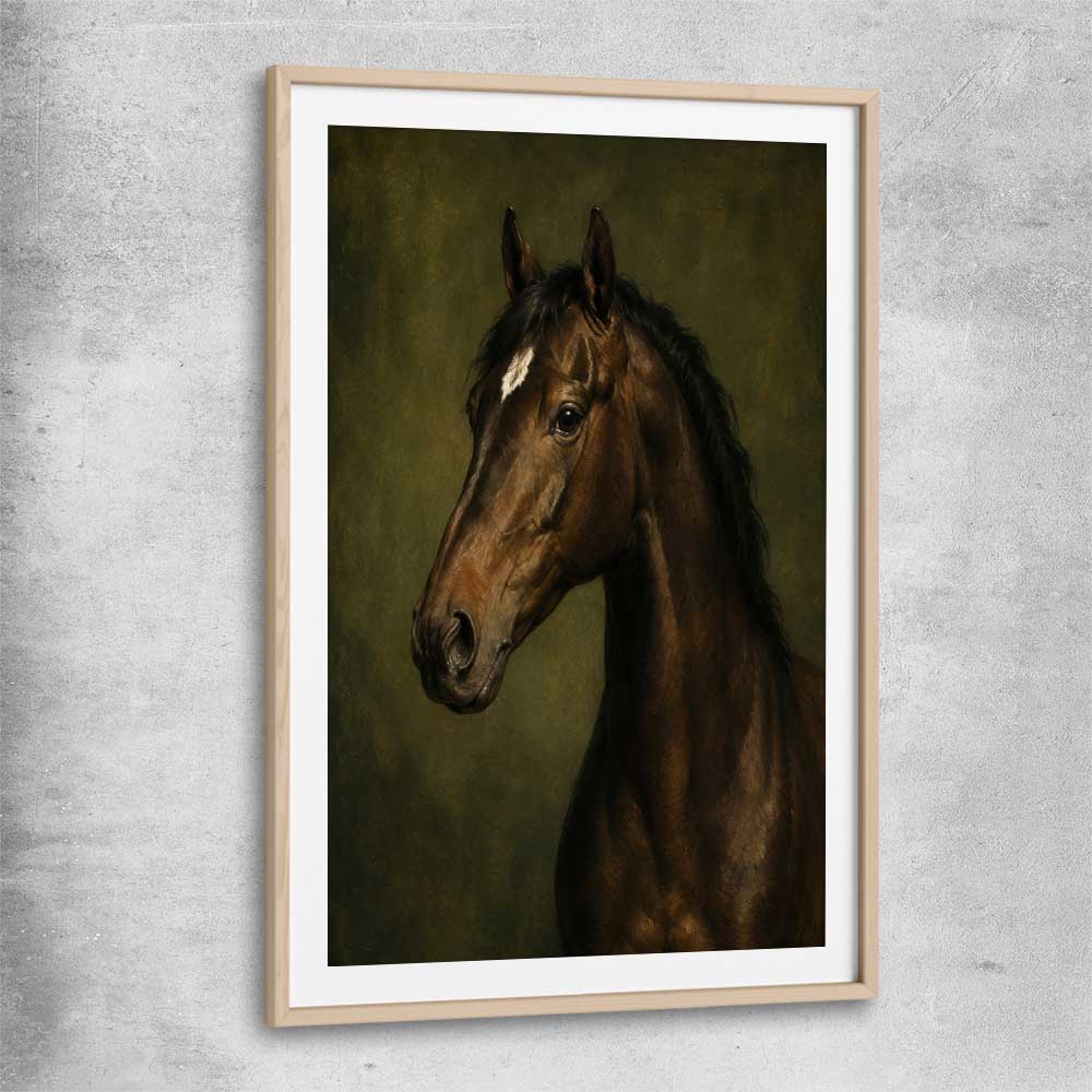 Animal wall art and canvas prints of Midnight Stallion with raw oak glass front frame