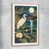 Animal wall art and canvas prints of Moonlit Heron with raw oak glass front frame