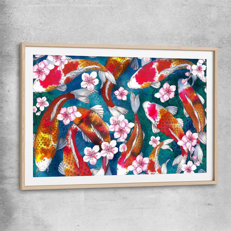 Animal wall art and canvas prints of Watercolour Carp with raw oak glass front frame