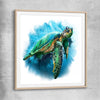 Animal wall art and canvas prints of Watercolour Sea Turtle with raw oak glass front frame