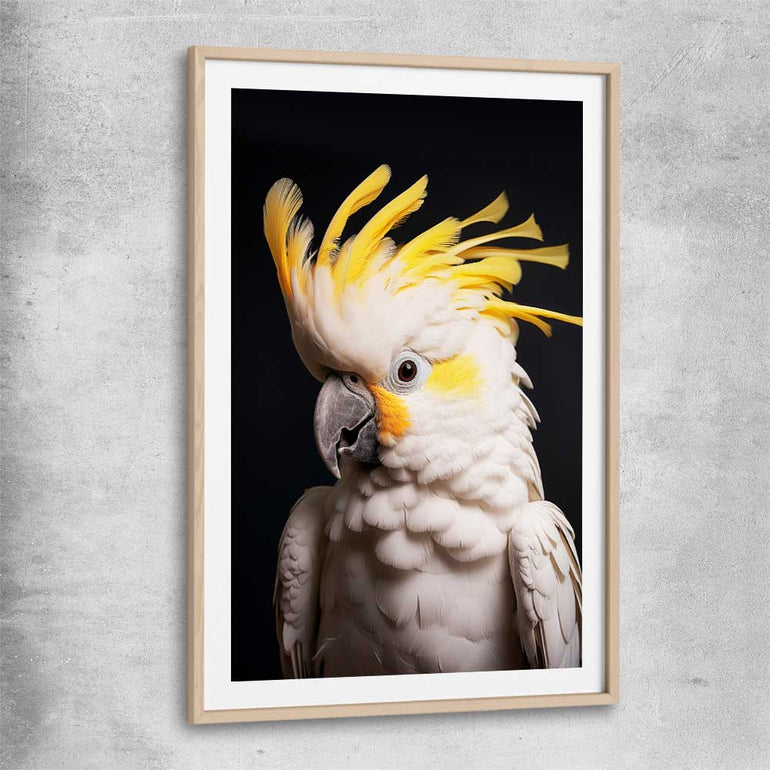 Animal wall art and canvas prints of Yellow Cockatoo Two with raw oak glass front frame