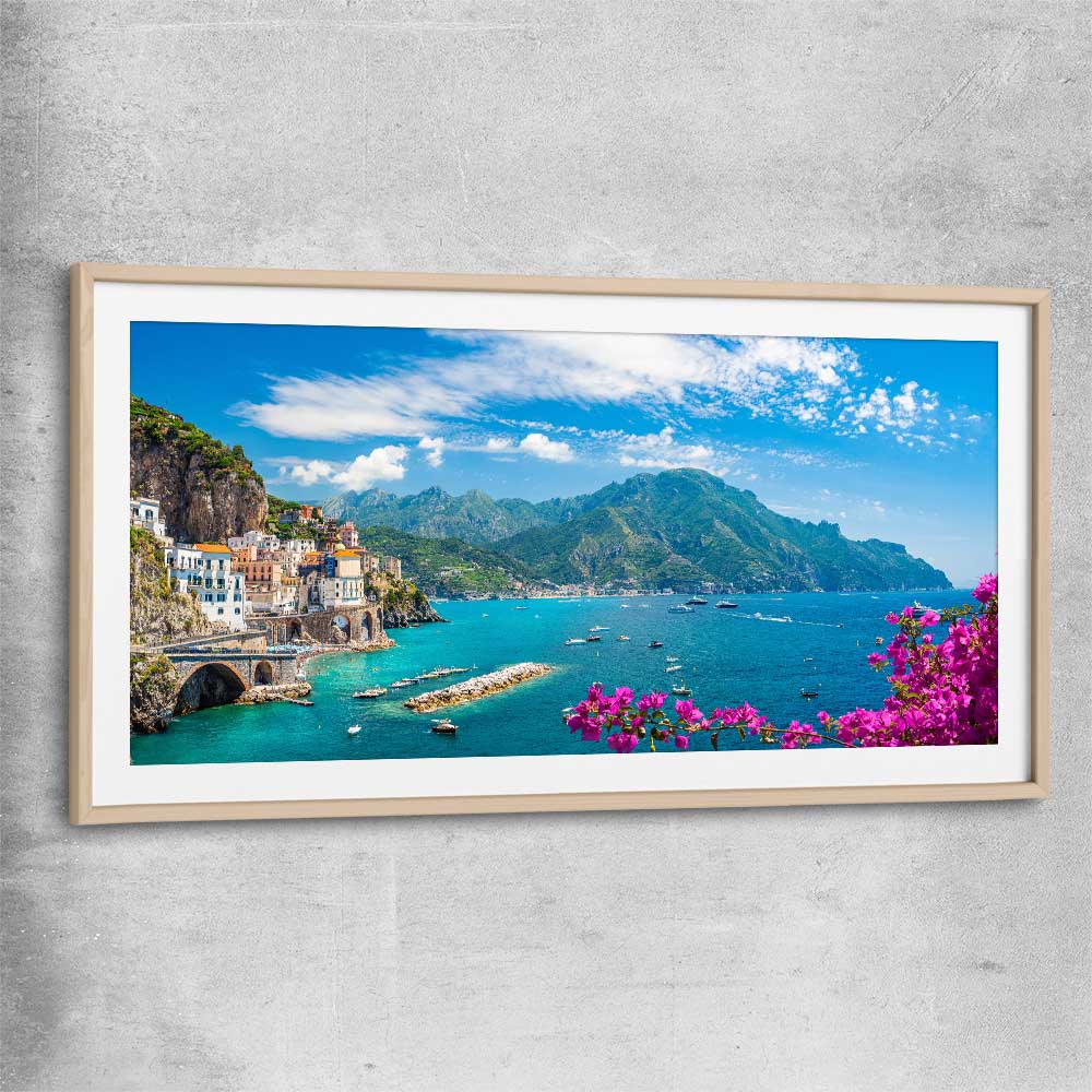 Beach and coastal wall art print of Amalfi Coast Escape with raw oak glass front frame