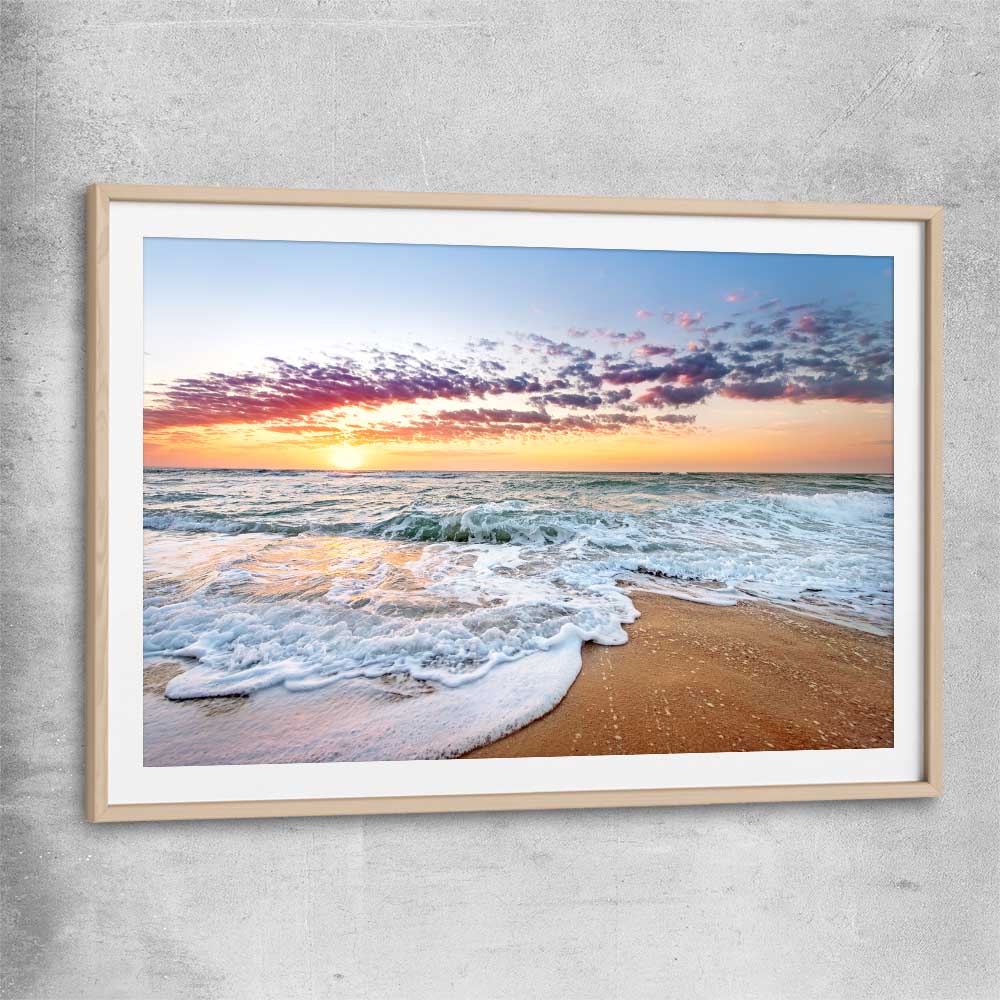 Beach and coastal wall art print of Pastel Ocean Horizon with raw oak glass front frame