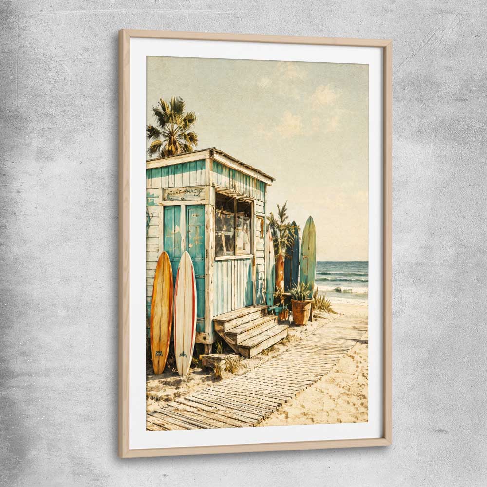 Beach and coastal wall art print of Seaside Surf Shack with raw oak glass front frame