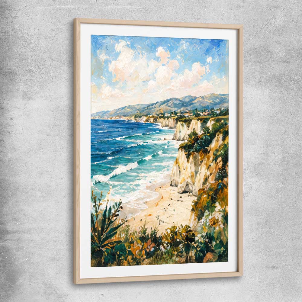 Beach and coastal wall art print of Shoreline Light Strokes with raw oak glass front frame