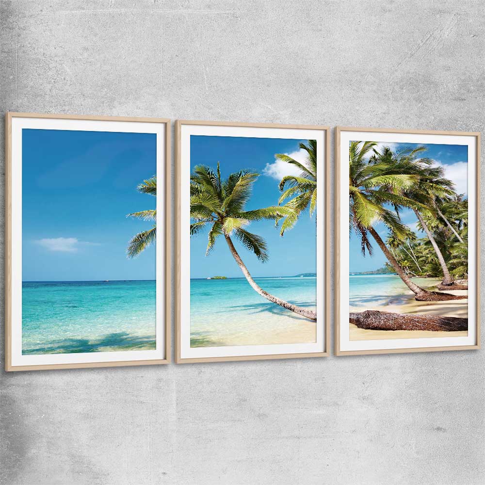Beach and coastal wall art print of Tropical Paradise Set with raw oak glass front frame