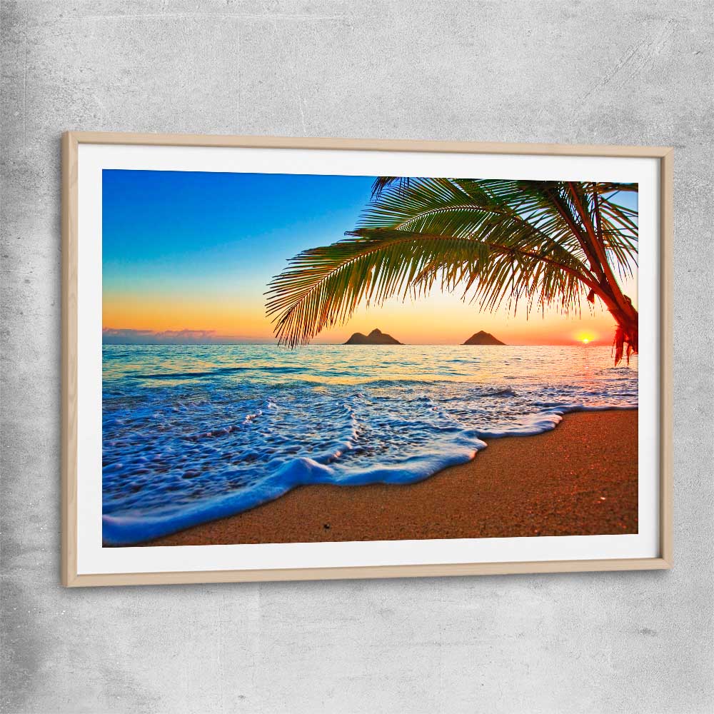 Beach and coastal wall art print of Tropical Sunset Shore with raw oak glass front frame