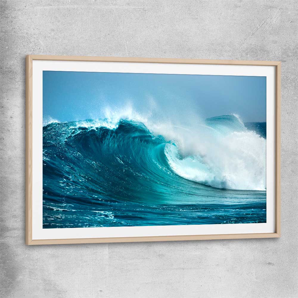 Beach and coastal wall art print of Turquoise Wave Break with raw oak glass front frame