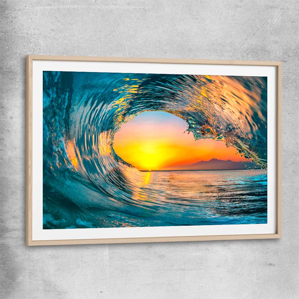 Beach and coastal wall art print of Wave Sunset Tunnel with raw oak glass front frame