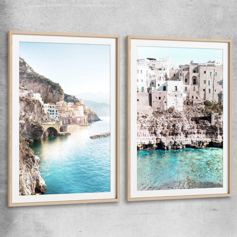 Beach and coastal wall art print of Amalfi Edge Pair with raw oak glass front frame