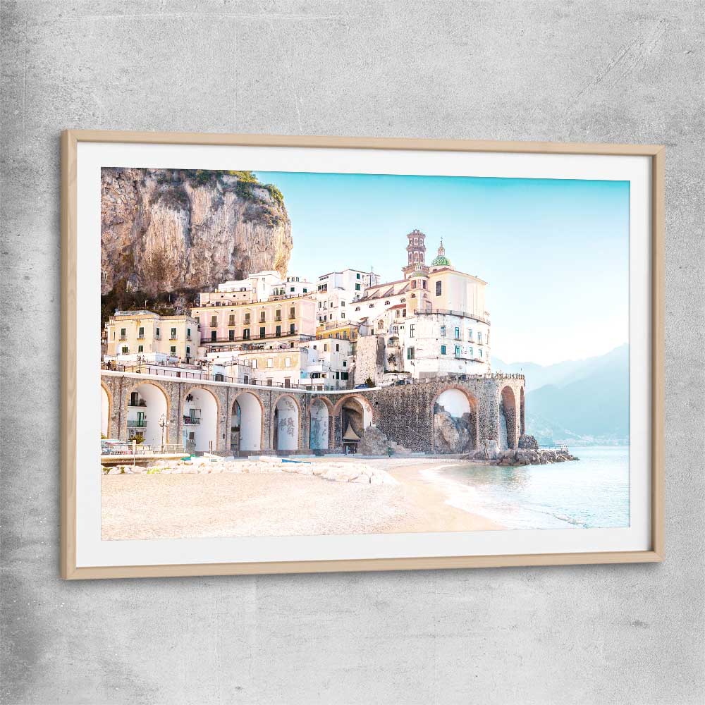 Beach and coastal wall art print of Amalfi Tides with raw oak glass front frame