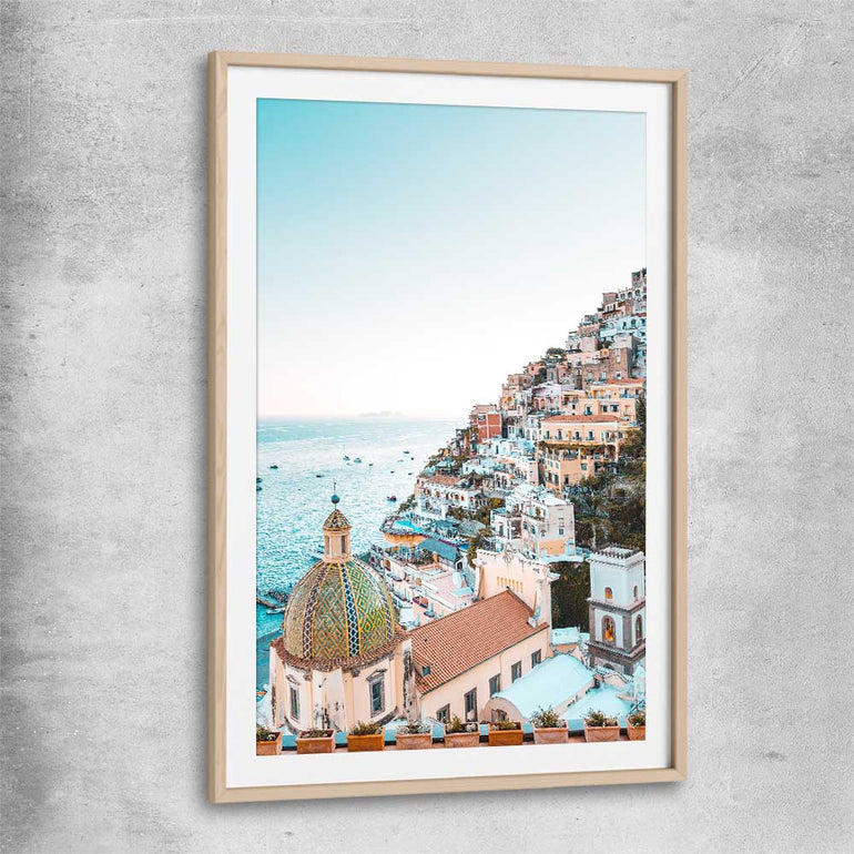 Beach and coastal wall art print of Amalfi View with raw oak glass front frame